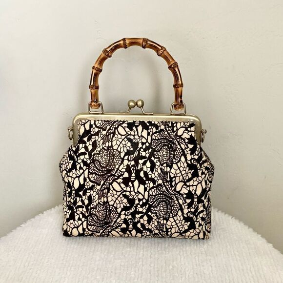 Laurie's Collection Handbags - Handmade Real hair-on-horsehide Black Lace Printed Metal Frame Bamboo Handle Bag